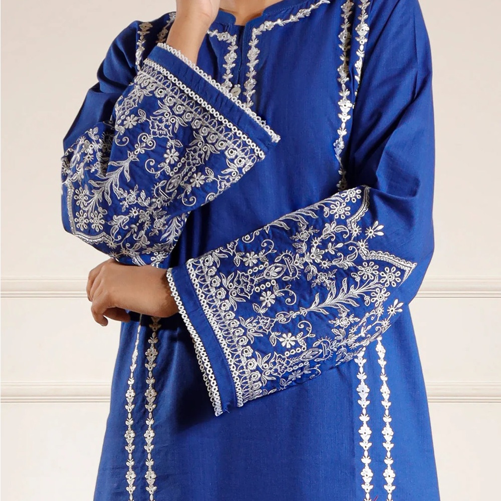 Royal Blue Embroidered Long Sleeve Dress Pakistani